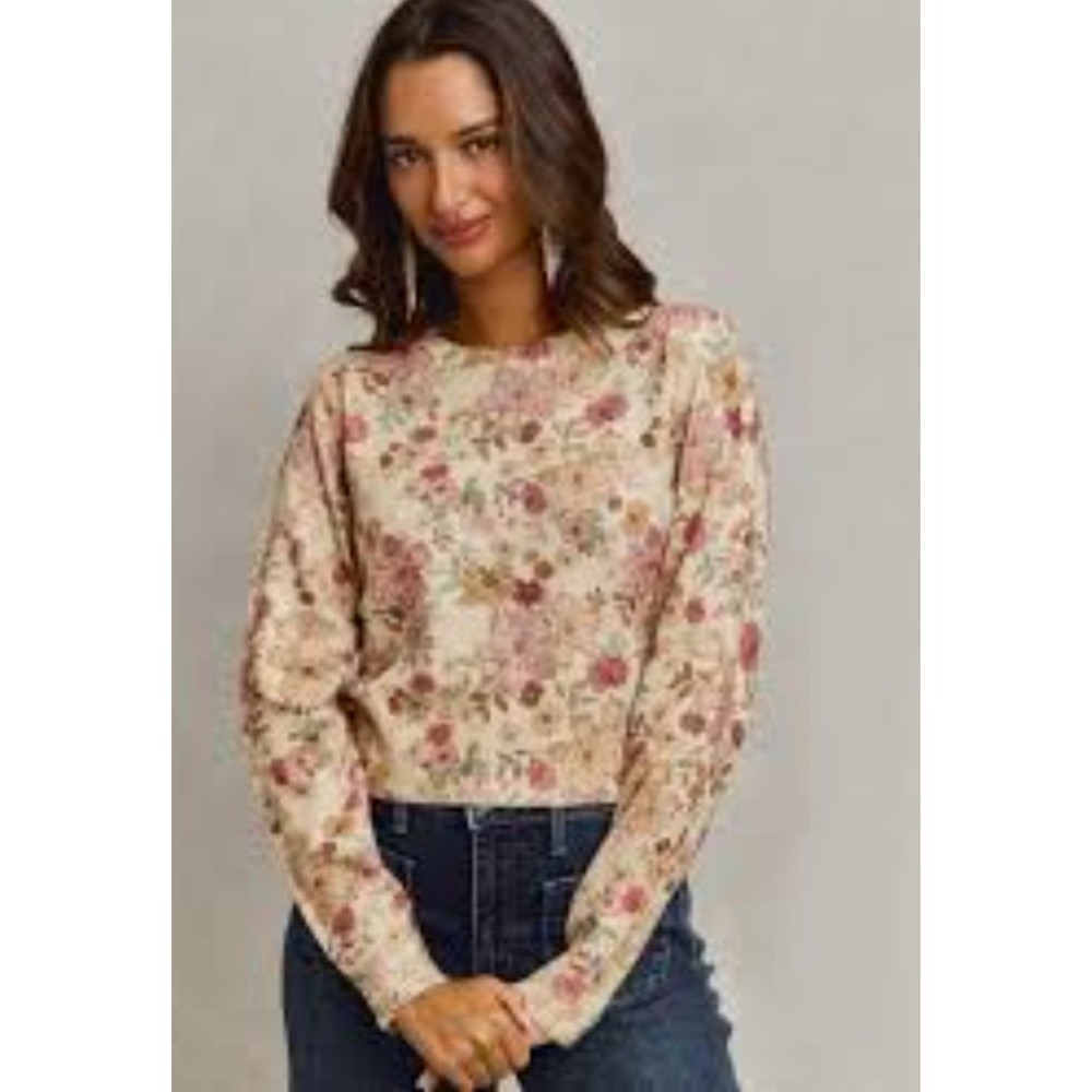 So Me Floral Cropped Sweater Medium Cottagecore Romantic Botanical Knit